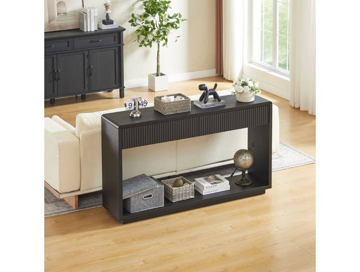 ULEVR Console d'entrée moderne noire 150 cm 2 tiroirs niche ouverte façades rainurées