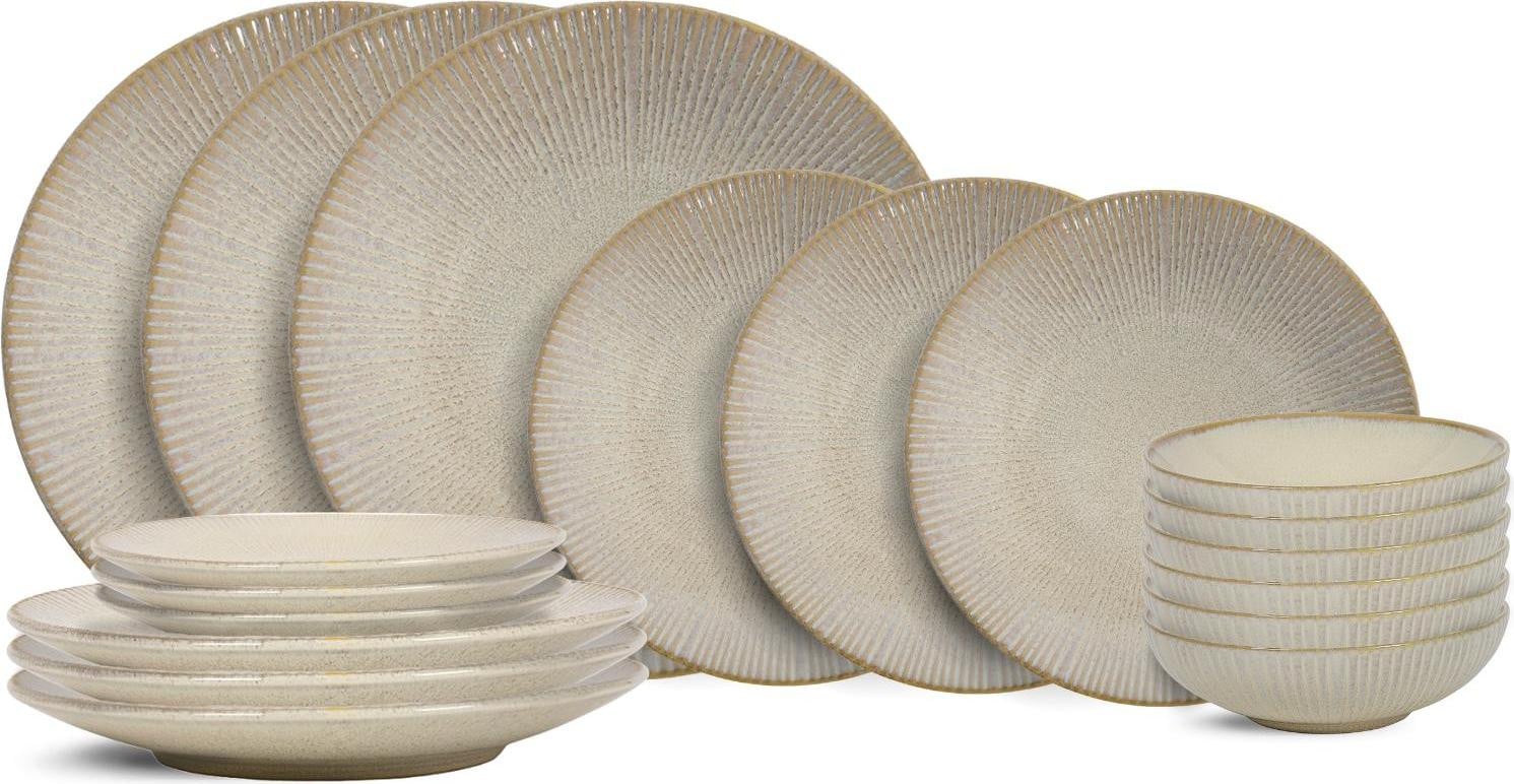 Cookinglife Serviesset Coastal Lines Ocean Beige, 18-delig voor 6 personen met 6 dinerborden, 6 ontbijtborden en 6 diepe borden