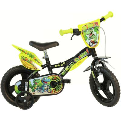Kinderfahrrad DINO BIKES "12" Dinosaurier Kinderfahrrad stabiler Stahl-Rahmen Stützräder" Gr. 21, schwarz, Fahrräder, Kinder, 21cm, 12 Zoll (30,48cm), mit Stützrädern, Frontschild und coolen Schutzblechen