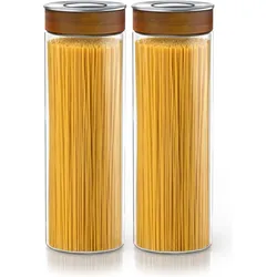 Arendo Vorratsgläser 2er Set 1700 ml Borosilikatglas, luftdicht, Klickdeckel mit Akazienholzring, Vorratsbehälter, Transparent