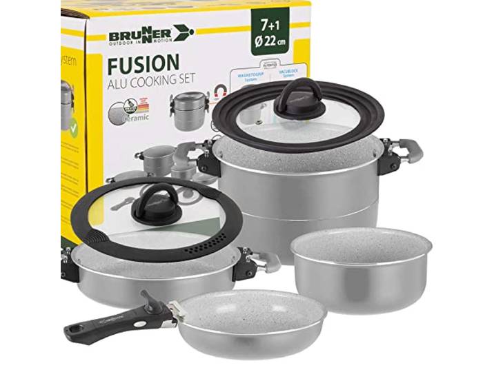 BRUNNER Camping Kochgeschirr Keramik Topfset - 7+1 teilig ø 22 cm FUSION Platzsparend stapelbare Töpfe und Pfannen, Gas-Kocher, Elektro & Induktion - Für 2-4 Personen, Vakublock