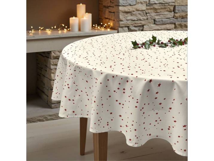 Nappe de noël ronde anti-taches 100% coton beige diamètre 190 cm