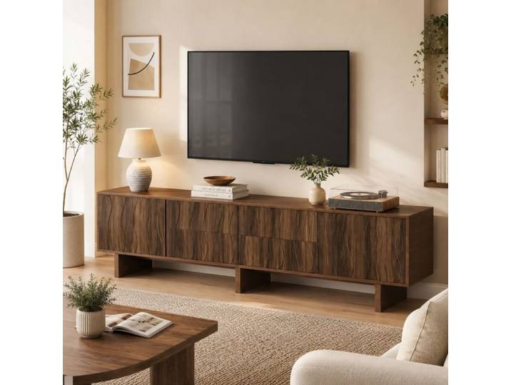 LEMONMAX Meuble TV Support télévision avec 4 tiroirs et 2 portes de Rangement Moderne Noyer