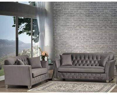 Corrie Grey Velvet Fabric Button Tufted Sofa and Loveseat Set