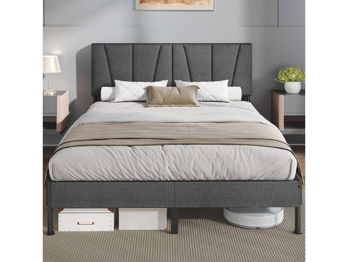 Cadre de Lit 140 × 200 cm Lit 2 Personnes Cadre de Lit Double avec Tête de Lit Rembourrée Gris Foncé