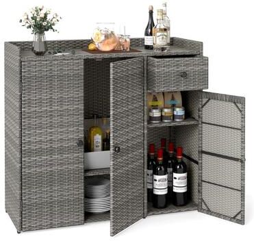 Costway Outdoor PE Wicker Storage Cabinet with 3 Doors and Adjustable Shelves and Drawer-Gray