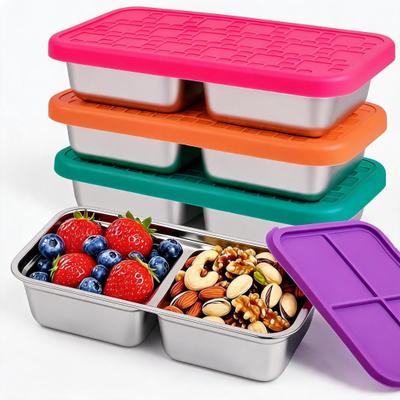 Garvee 8pcs 2 Compartment Stainless Steel Snack Container, 2 Per Color Blue, Pink, Light Green & Green Divided Bento Box