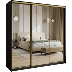 SCHWEBETÜRENSCHRANK RIEN 200/205/60 cm 3-türig mit Spiegel Schwarz
