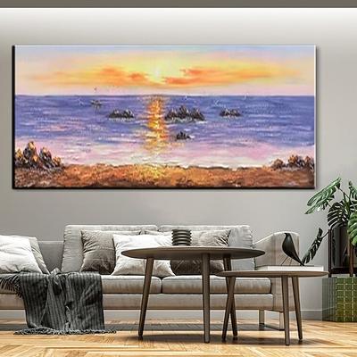 reines handgemaltes Sonnenuntergang-Meer-Himmel-Ozean-Strand-Landschaft bunte abstrakte Wandkunst extra großes Panorama-Ölgemälde auf Leinwand