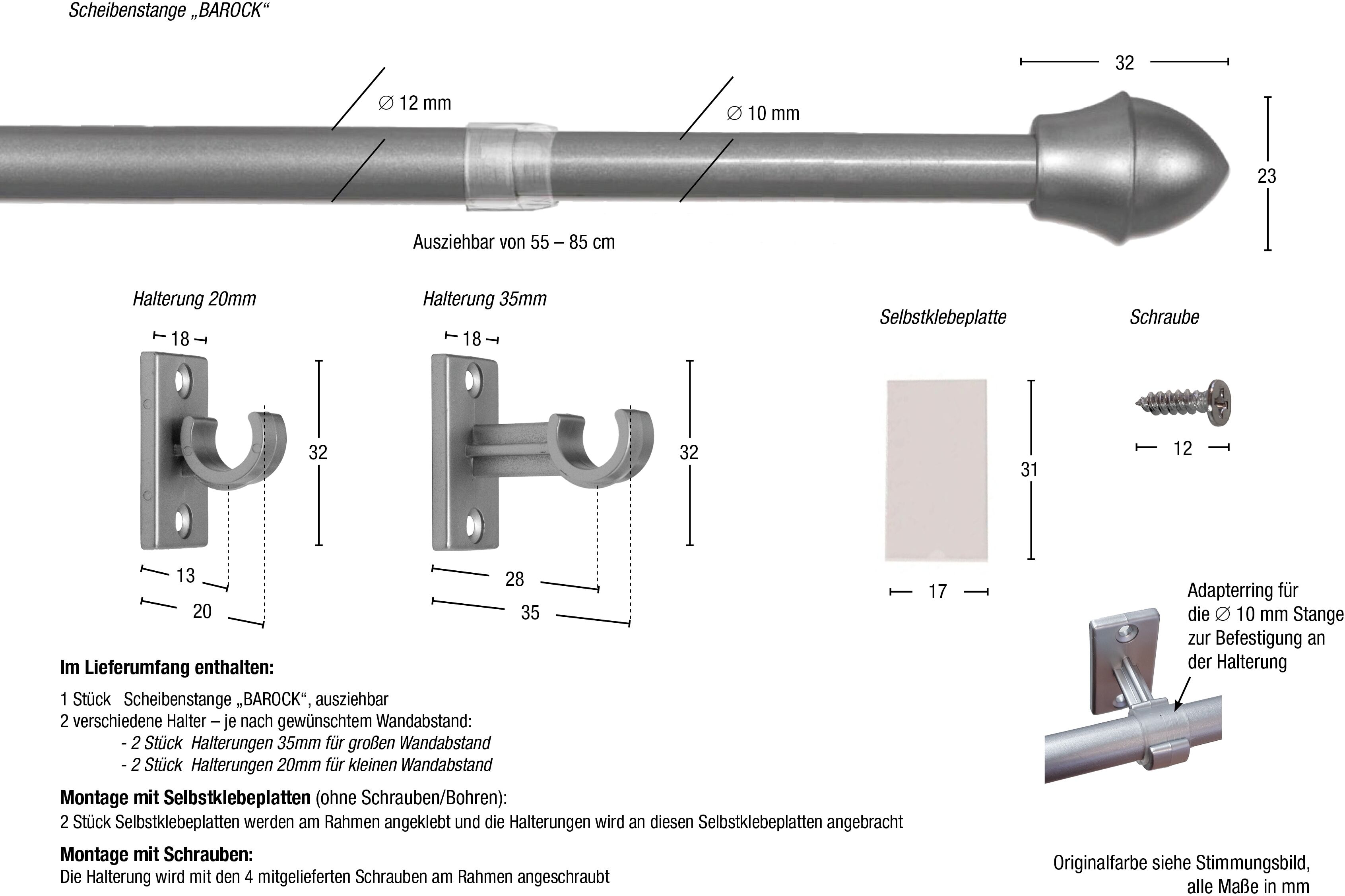 Scheibenstange GARESA "BAROCK" Gr. 2, grau, Ø:13mm, Gardinenstangen, Montage zum Schrauben oder klemmen, ausziehbar