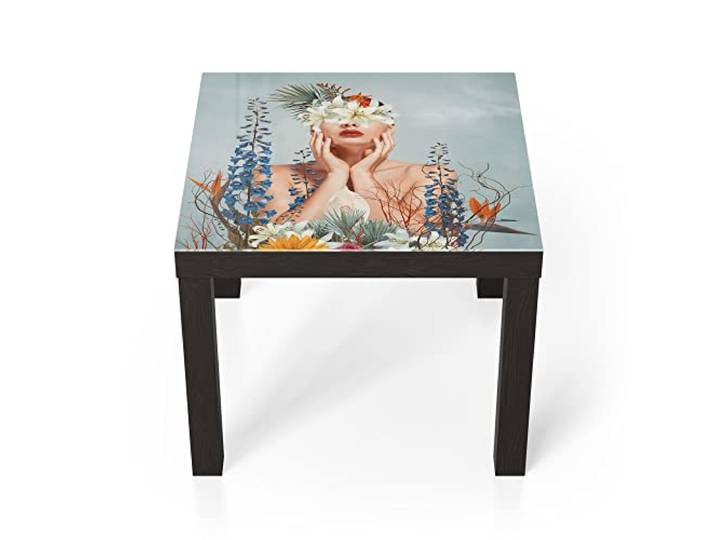 DEQORI Glastisch schwarz klein 55x55 cm Motiv Nackte Frau mit Blumen ausgefallener Beistelltisch aus Glas Hochglanz Couchtisch fürs Wohnzimmer moderner Couch Tisch mit Design