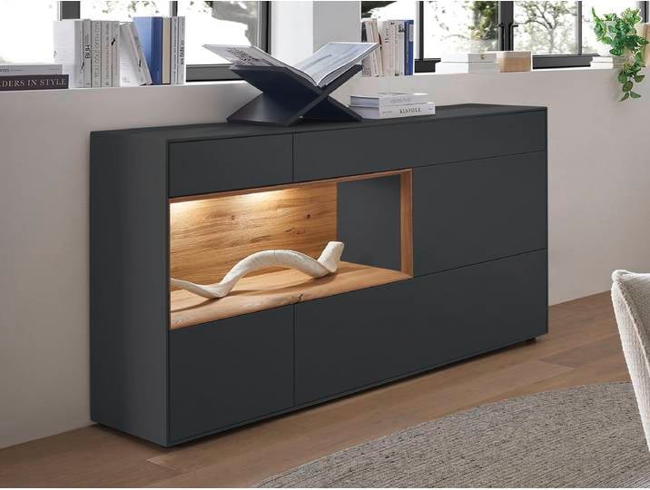 Sideboard 166x86cm 'Locarno' Wildeiche massiv & MDF anthrazit inkl.Beleuchtung