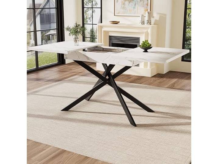 Esstisch Teleskoptisch(120-160cm) ,Ausziehbarer Esstisch ,platzsparender Küchentisch,Schwarz gekreuzte Eisenbeine,für Küche und Wohnzimmer,Weißer marmorierter Tisch (Weiß, 120-160*80*76.5cm)