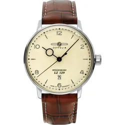 Zeppelin Herrenuhr 80425 - Beiges Ziffernblatt mit silbernen Zahlen/Indices,cognac,weiße Naht - 40mm