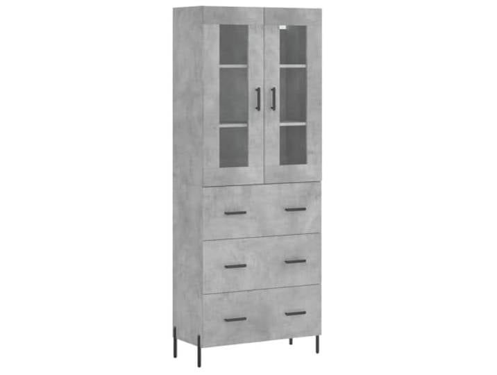 Fisinber Highboard Betongrau 69,5x34x180 cm Schrank mit Metallfüßen Mehrzweckschrank in Beton-Optik für Wohnzimmer und Esszimmer. Viel Stauraum mit Glas- und Metall-Elementen.