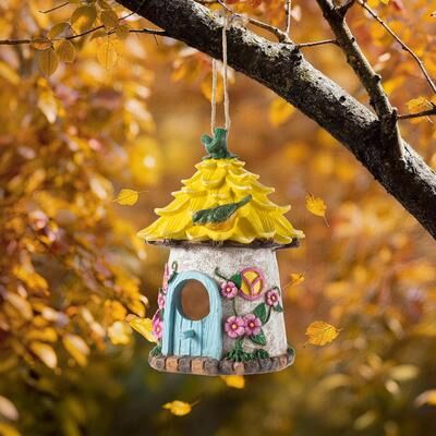 "Glitzhome 9""H Resin Petal-Shaped Roof Forest Cabin Outdoor Garden Birdhouse Birdfeeders"