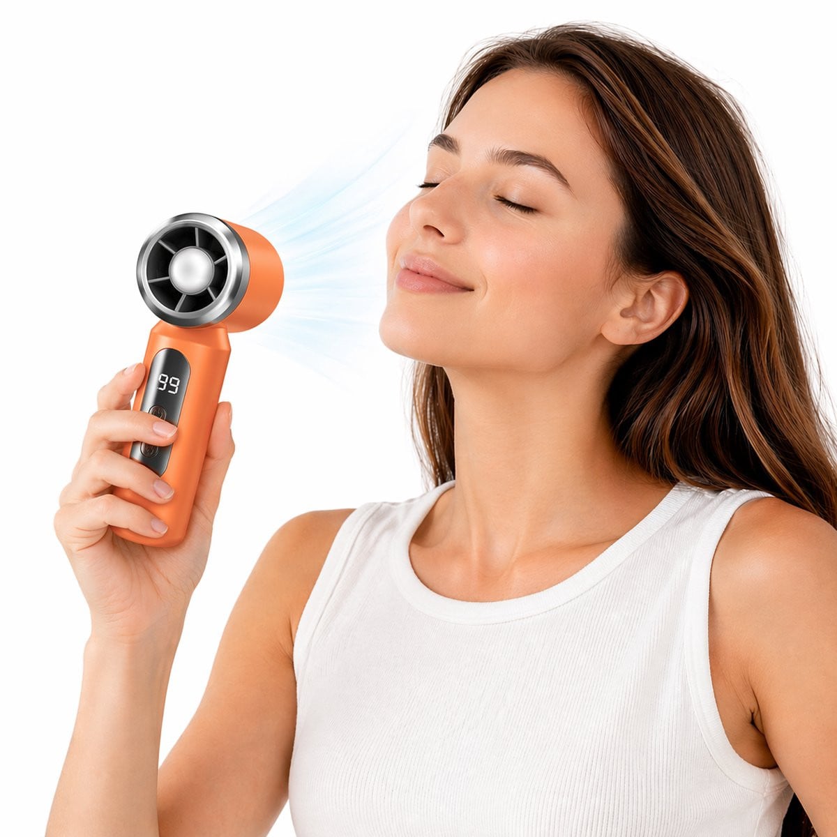 Oplaadbare mini handventilator met 199 snelheidsniveaus en LED-licht, Oranje