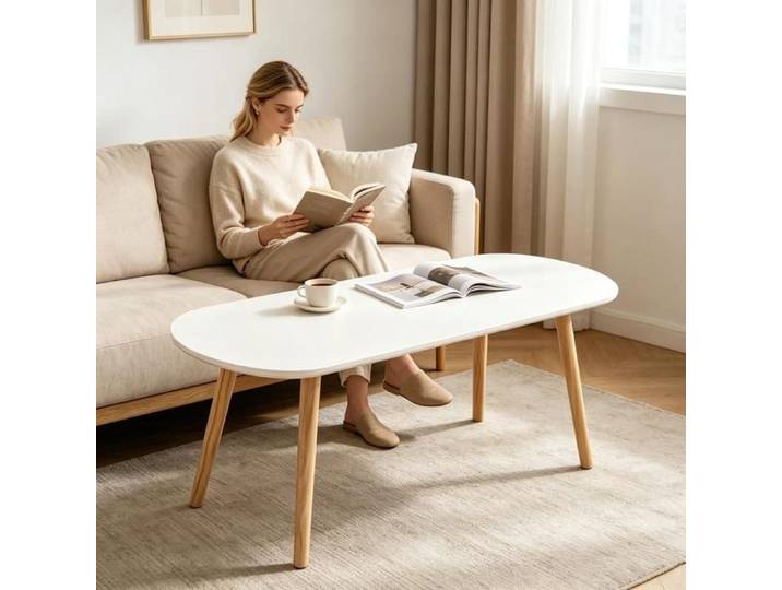 LVHCMFOHM Table Basse Scandinave Ovale 110x50cm Grand Plateau Blanc Pieds en Bois Massif pour Canapé ou Coin Lecture