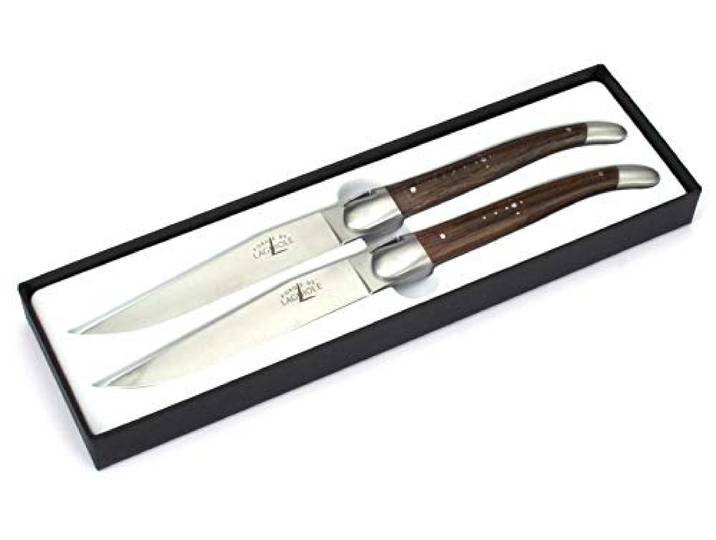 Forge de Laguiole - Set Zwei Steakmesser - Griff fossile Mooreiche - Edle Tafel-Messer - Stahl matt