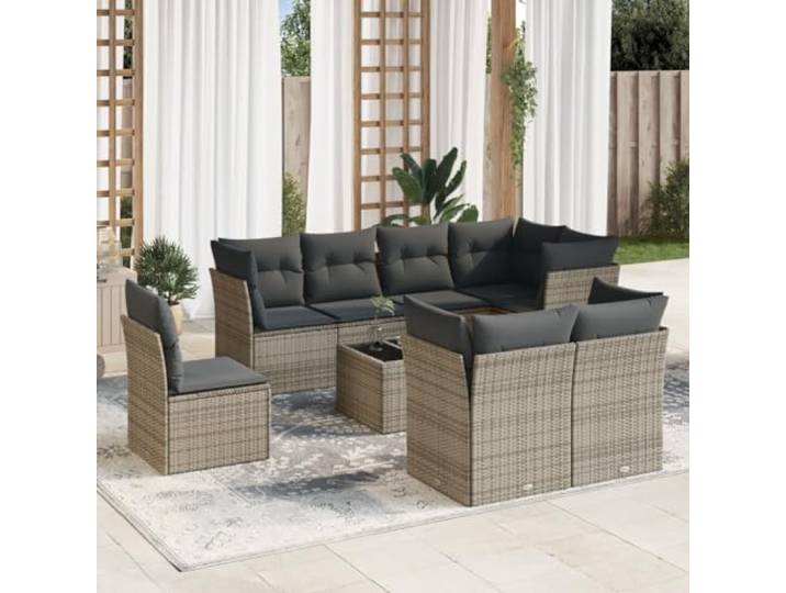 WDGJJFECNMUEHI résine tressée imperméable Ensemble canapé gris 9 pièces Salon de jardin 9 pieces avec coussins gris resine tressee ensemble modulable exterieur verre trempe