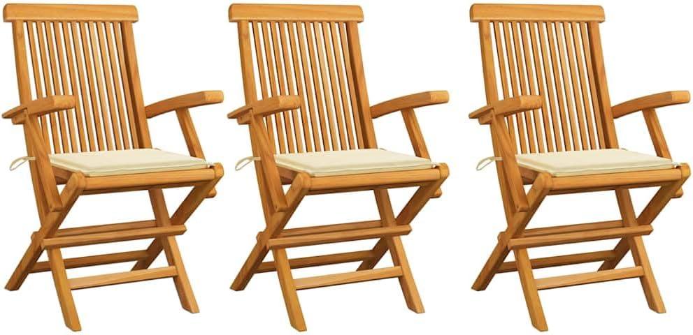 Gartenstühle mit Creme Kissen 3 STK. Massivholz Teak,Möbel,Gartenmöbel,Gartensitzmöbel,Gartenstühle,22.7KG,3062516