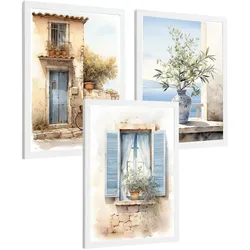 POSTER 3er Bilder-Set Wandbilder Maritim Aquarell Blau modern ohne Rahmen – Wohnzimmer Deko, Schlafzimmer, Küche, Badezimmer Weißer Rahmen A3