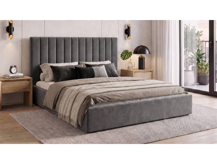 Designer Polsterbett Livia in Samt mit Stauraum - 160x200 - Grau - Luxusbetten24
