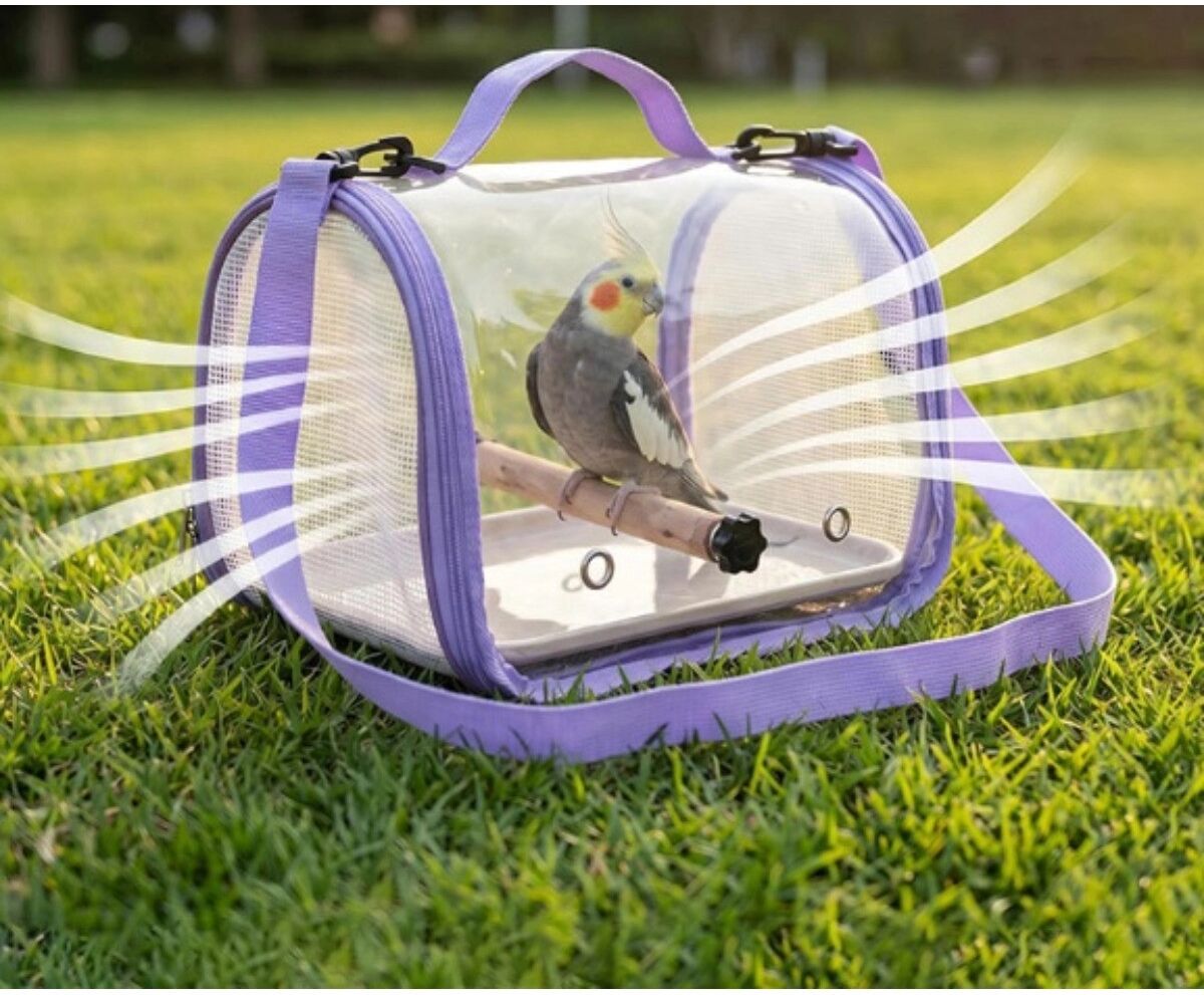 INF Tragbare Papageien-Tragetasche Reisebeutel – Gurtband + PVC Kleiner Vogelrucksack für Wellensittich und Pfirsichköpfchen Violett