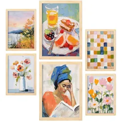 POSTER Set Mit 6 Frühstück Lesen A3 & A4 Rahmen Aus Hellem Holz
