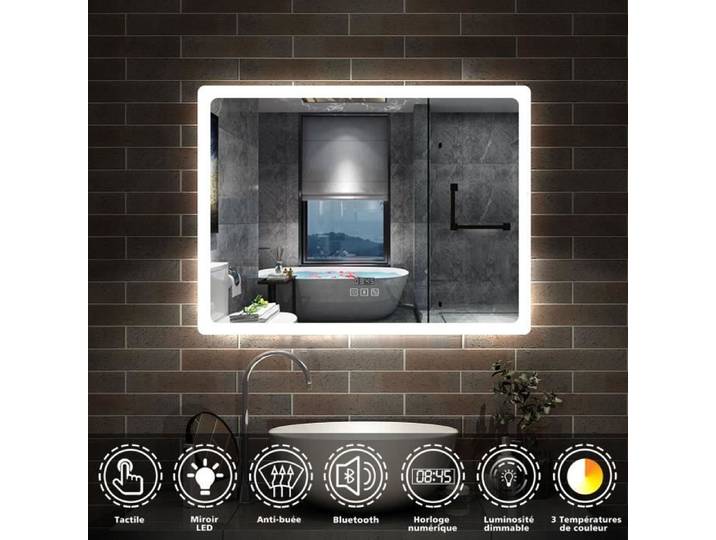 AICA Miroir Bluetooth 80x60 cm tricolore + horloge + mémoire + dimmable + anti-buée miroir LED étanche IP44
