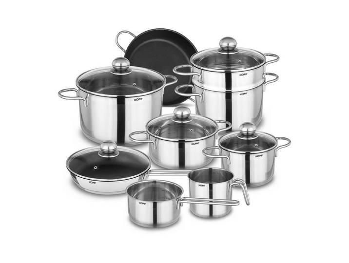 Kopf Topf-Set Josie, Edelstahl (14-tlg), Induktionstöpfe mit Schüttrand, Literskala und Glasdeckel