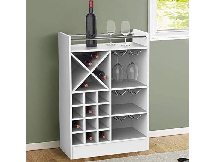 BAKAJI Mobile Bar-Ecke Weinkühlschrank Wein- und Spirituosenflaschen Holzkonstruktion mit oberer Ablagefläche 20 Flaschenhalterungen und 3 Ablageflächen für Gläser Metallregal (weiß)