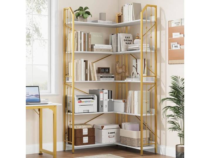 Bibliothèque d'angle 5 niveaux blanche et dorée hauteur 72 po forme L étagère industrielle pour salon chambre bureau