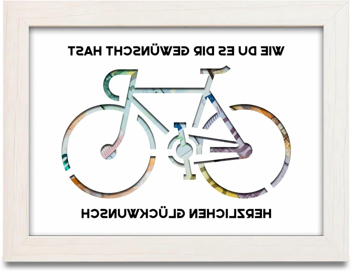 Geldcadeau Fiets - Originele houten fietsdecoratie voor verjaardagen en jubilea - Houtkleur - B: 23 cm, H: 17 cm