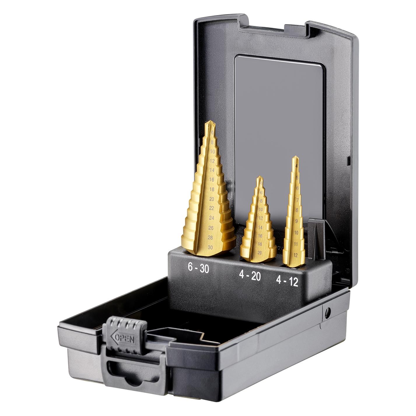 Fortec Basic LineStufenbohrer Sortiment HSS-G-TiN, 3-tlg., ø 4 - 30 mm (4 - 12, 4 - 20, 6 - 30) (FT70015)