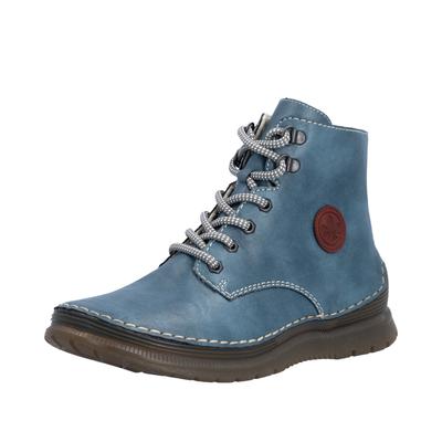 Schnürboots RIEKER, Damen, Gr. 43, blau, Lederimitat, Schuhe Schnürboots, Keilabsatz, Herbstboots mit modischen Kontrastnähten