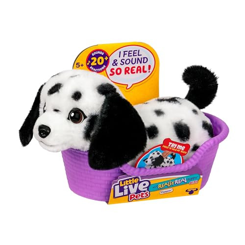 Little Live Pets My Really Real Puppy Minis Pepper de Dalmatiër - Interactieve puppy met meer dan 20 geluiden en reacties, inclusief mandje, 11 cm