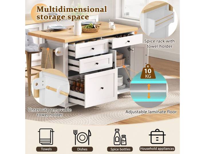 Îlot de cuisine mobile à roulettes table extensible blanc