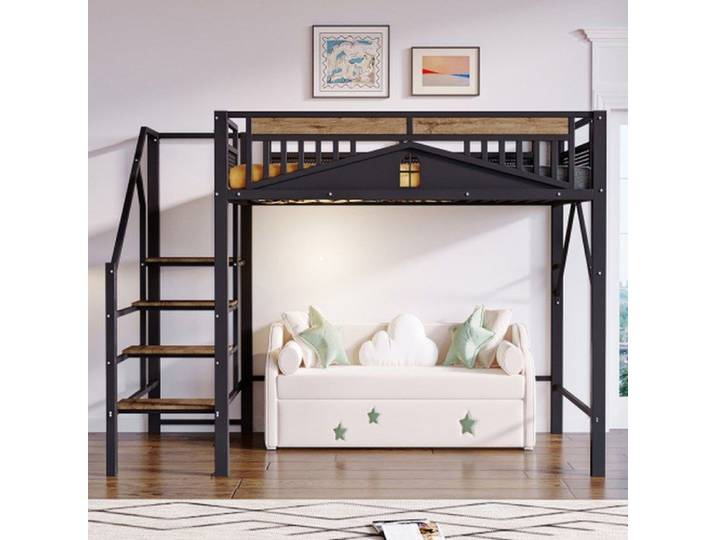 Lit mezzanine métallique 140x200 cm noir – cadre fenêtre échelle de sécurité rangement dessous