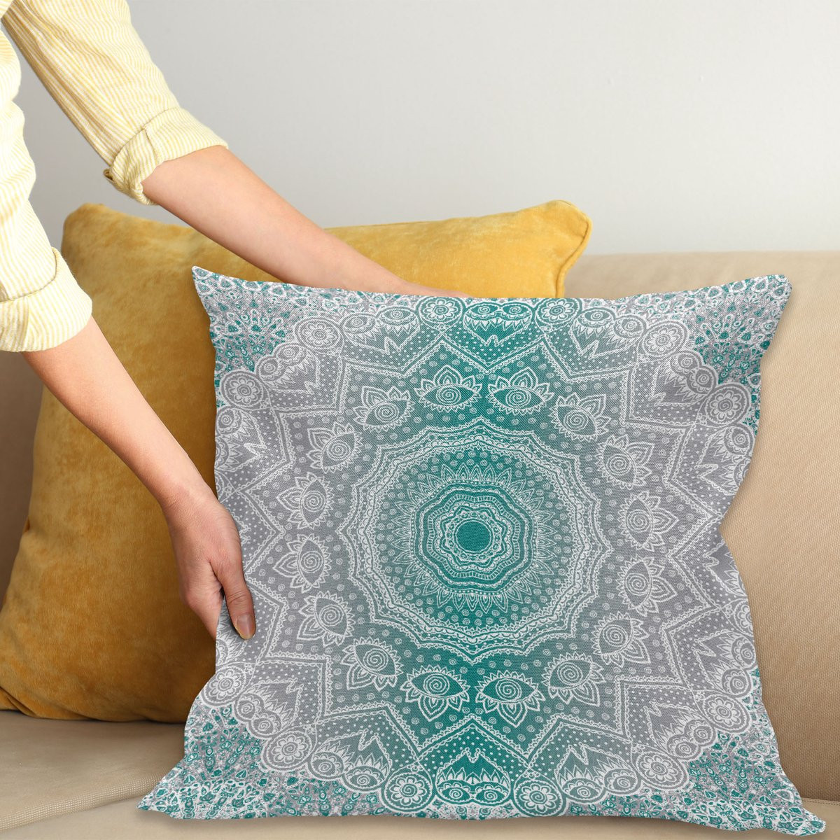 ABAKUHAUS Kussenhoes Mandala Occult Motief Grijs en Teal, 45 x 45 cm