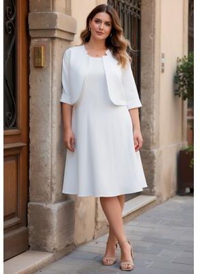 Plus Size Women's Plus Size Elbow Sleeve Fit-and-Flare Dress with Bolero Jacket - 2-Piece Suit by Roaman's in White (Size 40 W)
