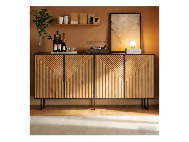 HAUSS SPOLE Sideboard mit Stützbeinen,Beistellschrank Flurschrank 8 Stauräume,Natur+schwarz (160 x 40 x 75 cm), Vakuumgeformter Wohnzimmerschrank