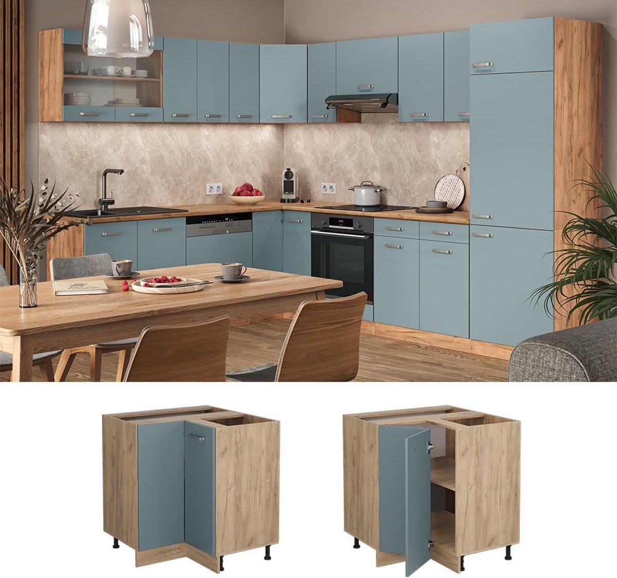 Modulaire blauw-grijze hoekkast voor de keuken met houteffect