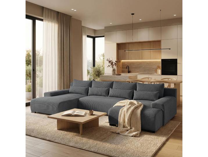 Ecksofa BENNY Dunkelgrau U-Form Modernes Polstersofa mit Schlaffunktion und Bettkasten