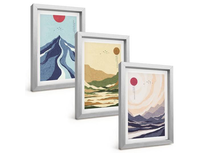 BILDER SET 3er Set - 20x30 cm Silberner Rahmen - Pastellfarbene Berge im Japandi-Stil