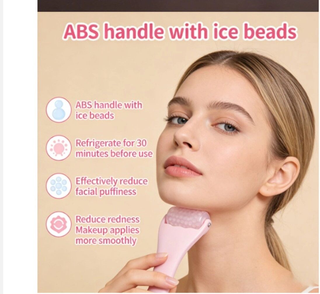 INF Set de beauté visage 2 pièces – bâton de massage en acier inoxydable et rouleau glacé facial, prise en silicone, rose
