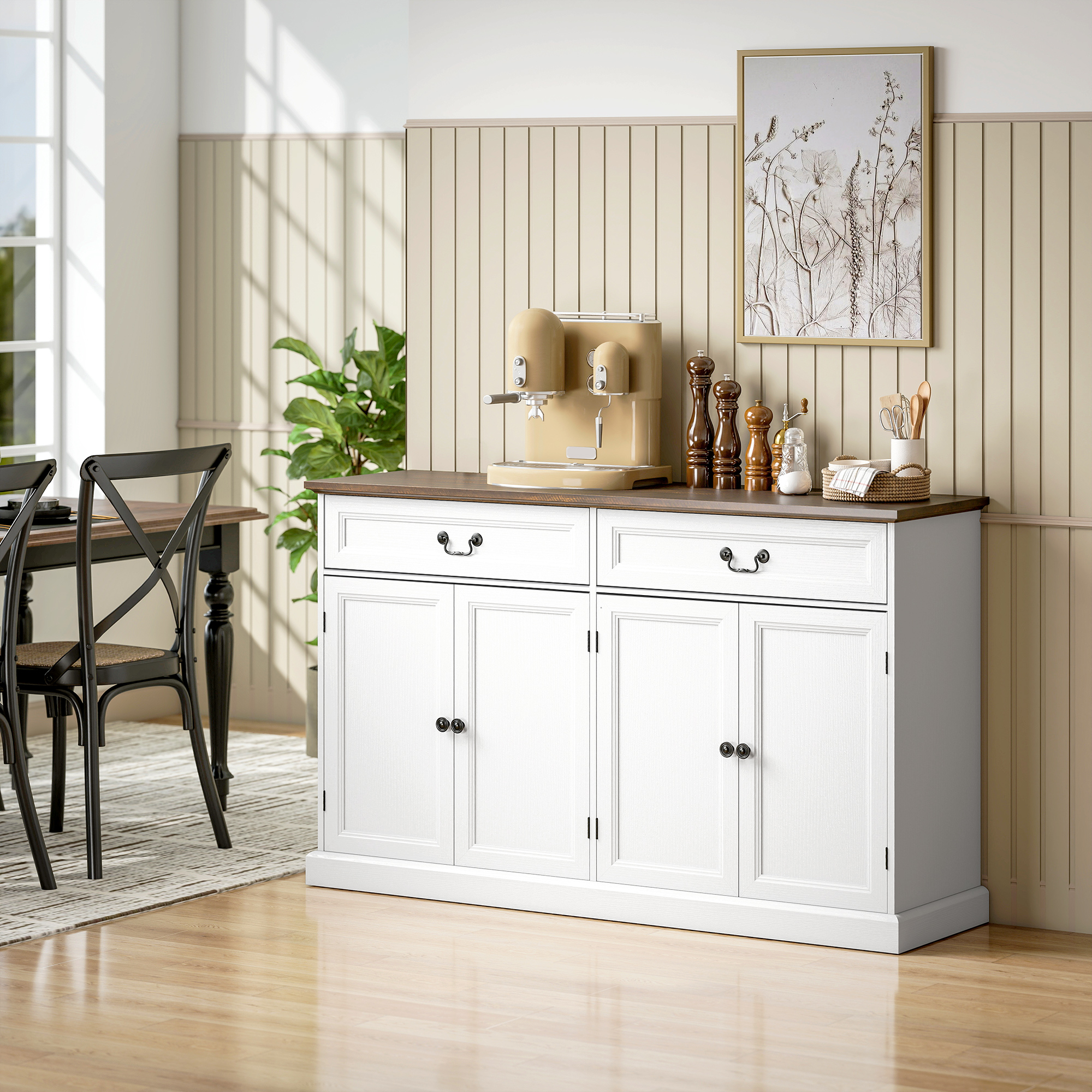 Homcom Buffet da Cucina con 4 ante e 2 cassetti silenziosi, Mobile da salotto con ripiani regolabili, 140x40x85 cm, Bianco e marrone   Aosom Italy