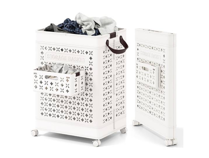 75L Wasmand op Wielen Ruimtebesparende Wasverzamelaar Opbergcontainer Wit