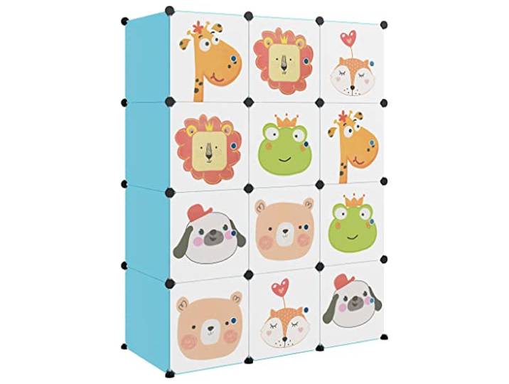 RJPLMFV Aufbewahrungsschrank für Kinder, 12 Würfel, blau, PP Stahlrahmen, Kunststoffplatten, Cartoon-Design, einfache Montage, Kapazität 10 kg pro Würfel