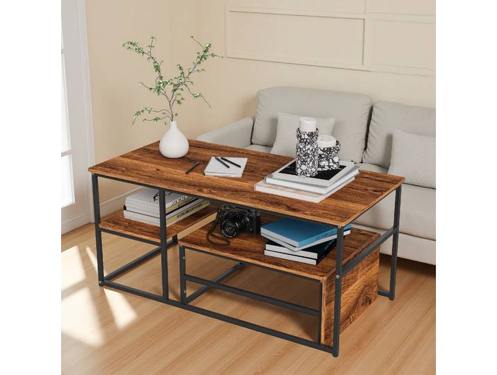 Rosahqnda Lot de 2 tables basses, table d'appoint avec cadre en métal, table moderne simple pour table de salon, marron